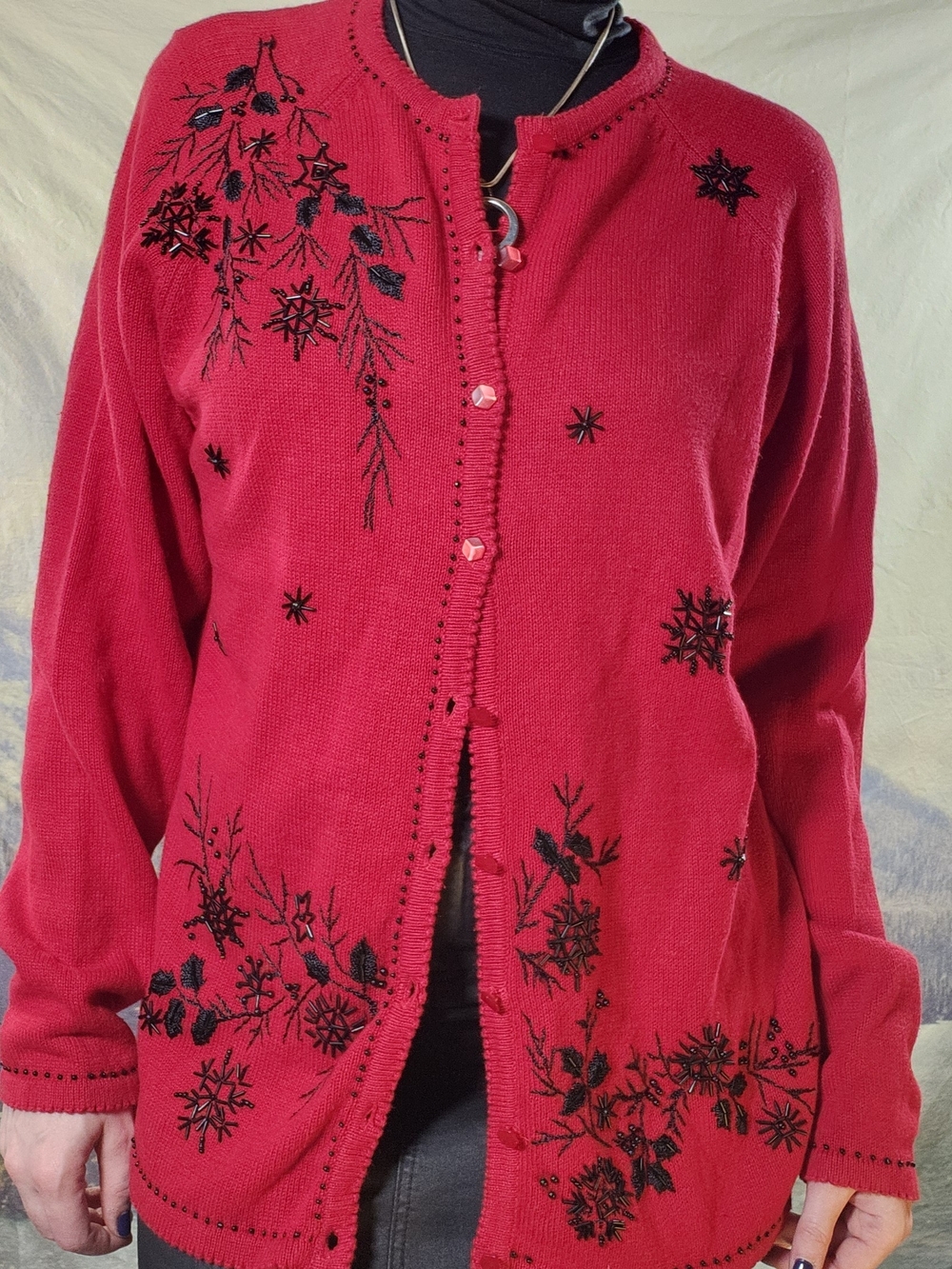 Vintage Goth Winter Holiday Holly Snowflake Red Black Cardigan Large